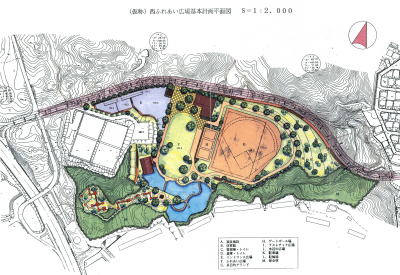 1996年3月の基本計画にある西ふれあい広場平面図。一条富雄線のルートが見直され、北側を迂回している。左端は阪奈道路、下は富雄団地