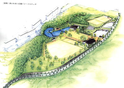 1996年3月の西ふれあい広場基本計画にある完成予想図。右の道路が都市計画道路一条富雄線、左は富雄団地