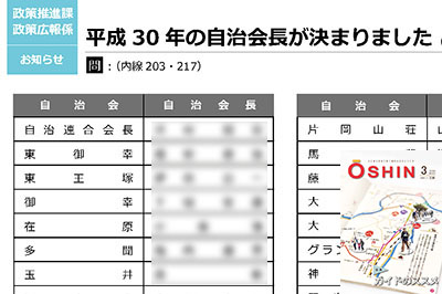 「決まりました」との見出しで総会での承認前に自治連合会長の氏名を掲載した王寺町広報紙「王伸」2018年3月号