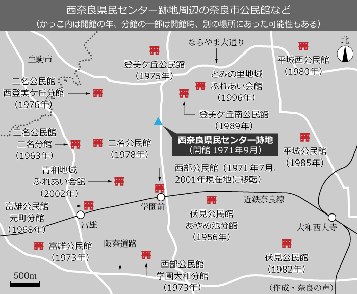 西奈良県民センター跡地周辺の奈良市公民館など