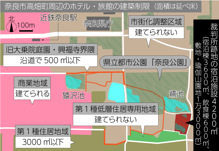 奈良市高畑町周辺のホテル・旅館の建築制限