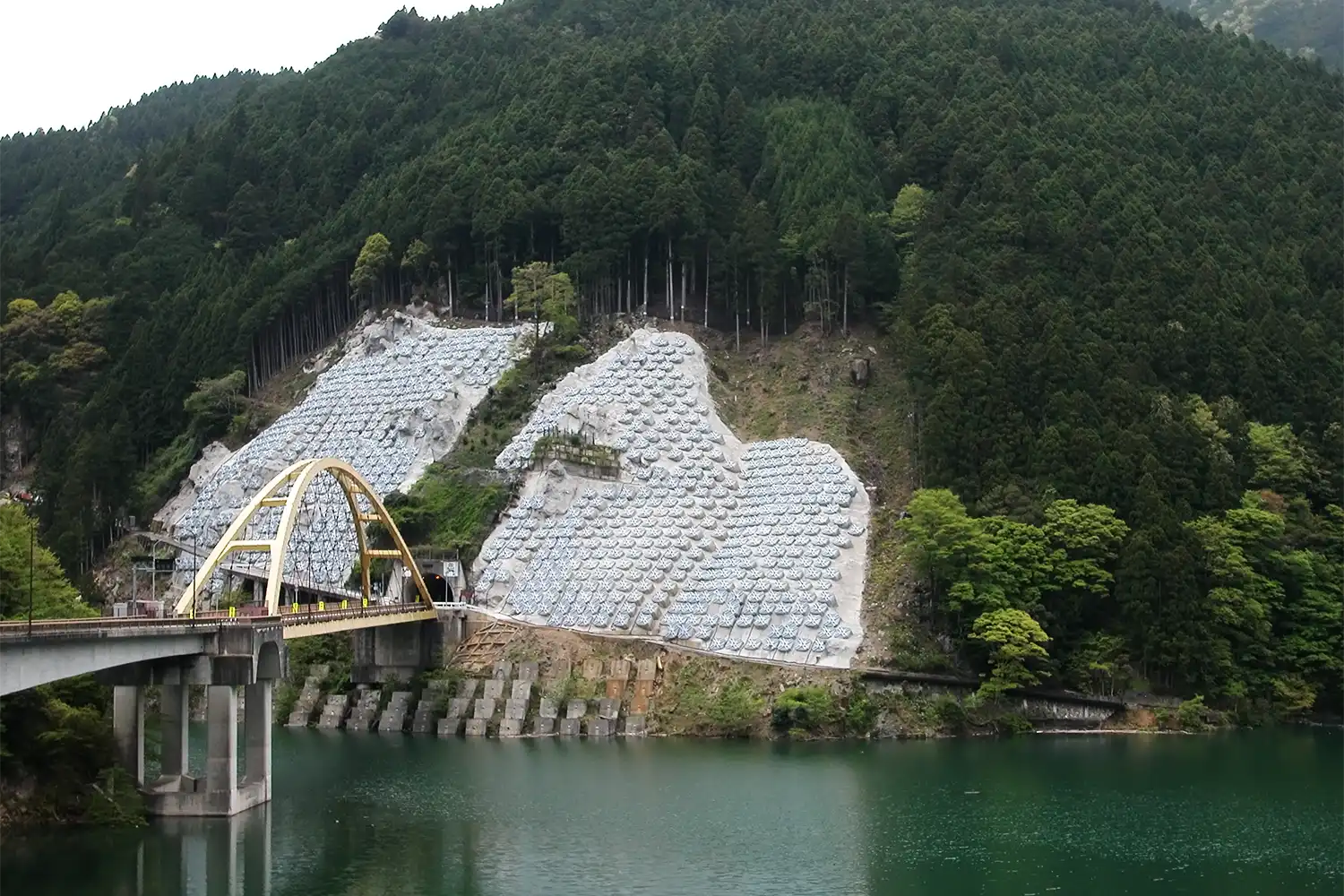 地滑り対策のアンカー工で山肌が覆われ、湖岸の景観が一変した高原トンネルの周辺＝2024年4月26日、奈良県川上村