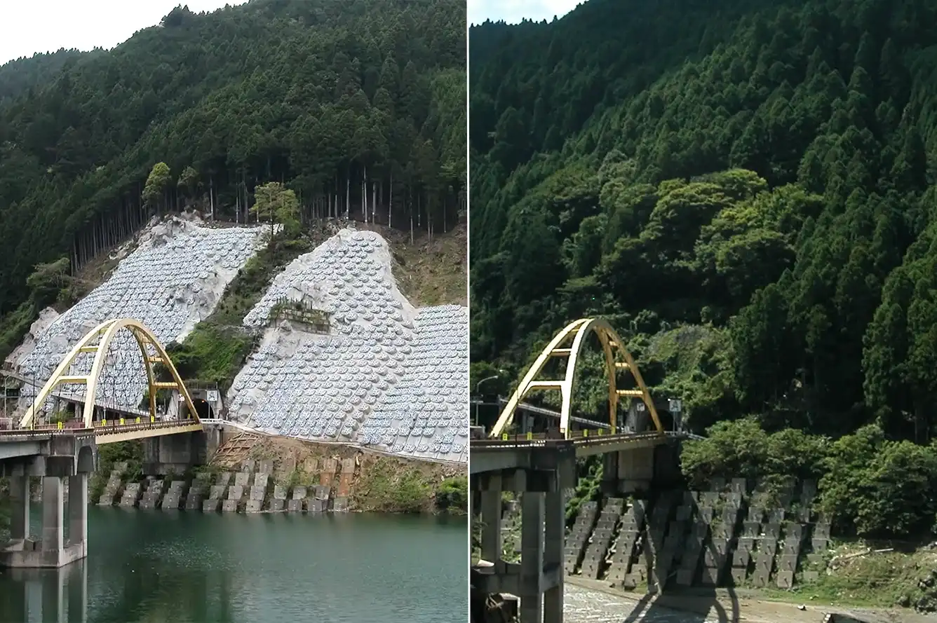 左はアンカー工で埋め尽くされた感のある高原トンネルの地滑り対策工事現場（2024年4月26日）、右は工事前（2020年9月8日）＝奈良県川上村