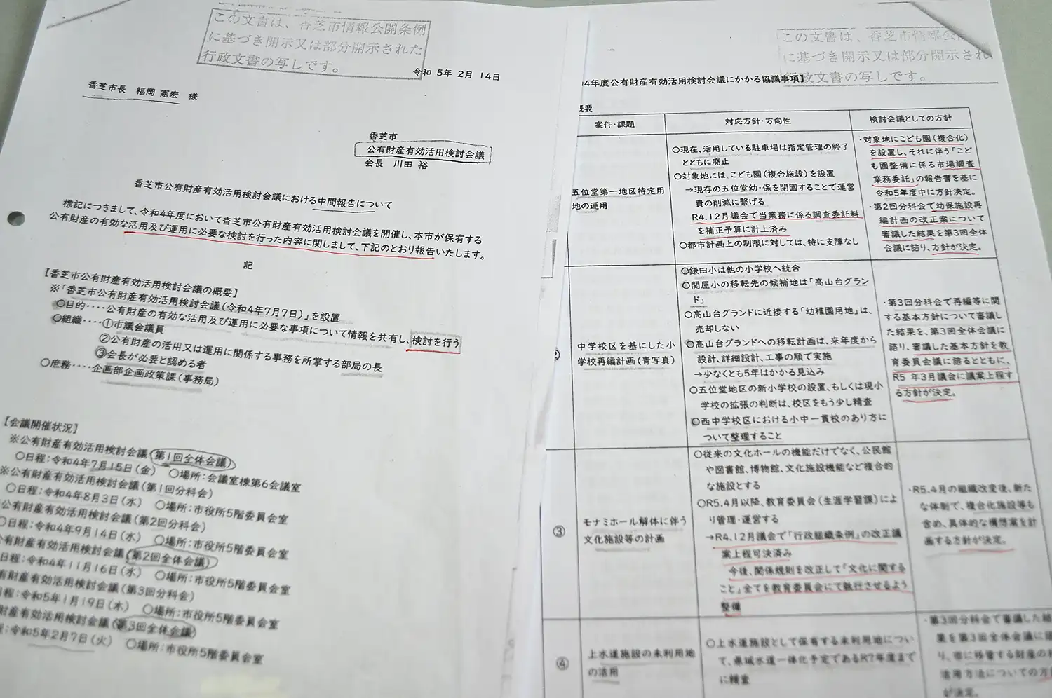 香芝市が開示した市公有財産有効活用検討会議の中間報告（木原敏洋さん提供、下線などは開示後に引いたもの）