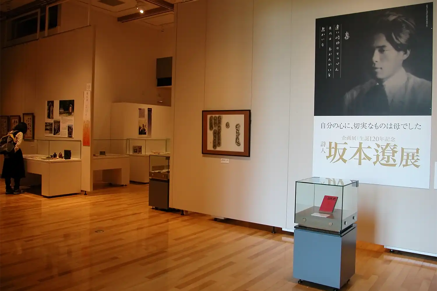 開催中の坂本遼・生誕120年展。ガラスケース（右）の赤い表紙が詩集「たんぽぽ」（装丁・浅野孟府）＝2024年12月10日、兵庫県姫路市山野井町の姫路文学館、浅野詠子撮影