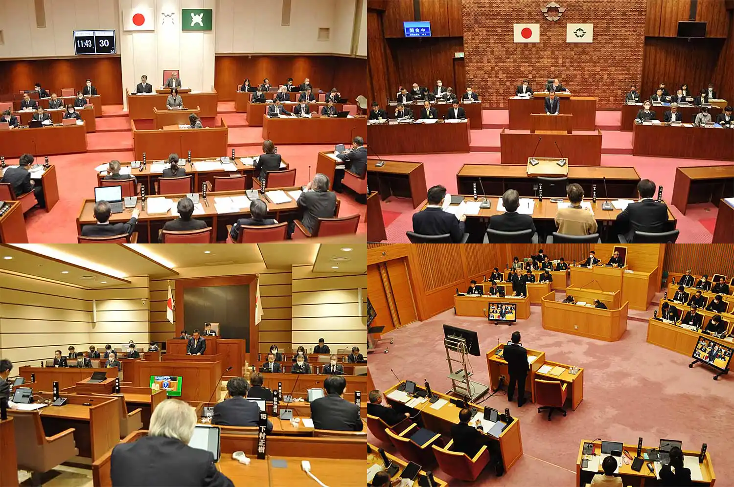 左上から時計回りに生駒市議会定例会（2025年3月5日）、香芝市議会定例会（3月7日）、宇陀市議会定例会（3月18日）、葛城市議会定例会（3月10日）＝浅野善一撮影