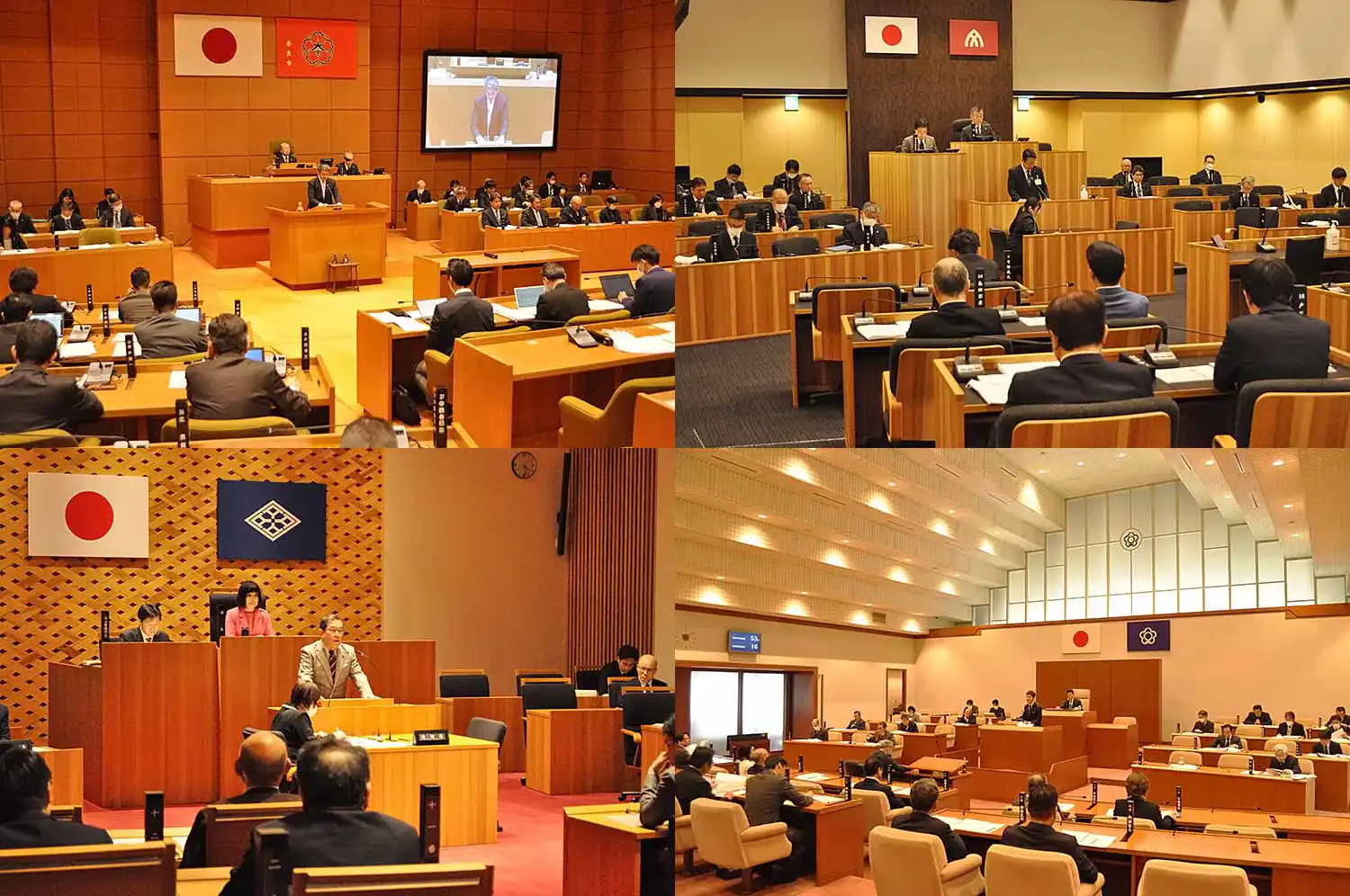 左上から時計回りに奈良市議会定例会（2025年3月6日）、大和高田市議会定例会（3月21日）、天理市議会定例会（3月17日）、大和郡山市議会定例会（3月17日）＝浅野善一撮影