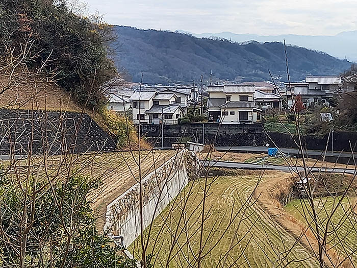 平群町・椿台地区の住宅群。約900メートル先の地点で膨大な量の盛り土をする計画があり、土石流災害の発生が懸念されている。盛り土の方角を背に筆者撮影（2022年1月25日）